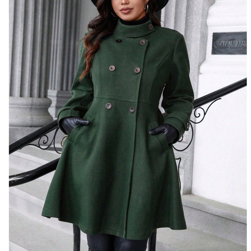 Classic Deep Green Double Button Flared hem Jacket Coat